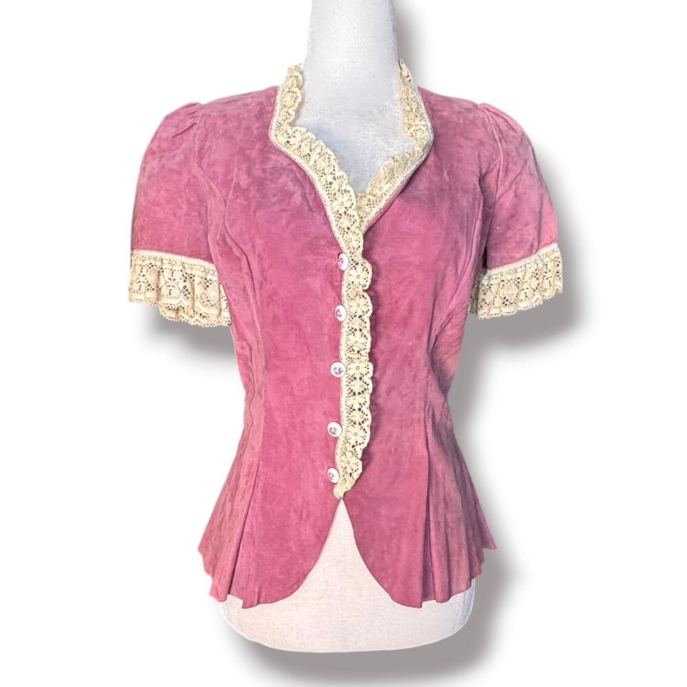 Vintage Pink Suede Lace Trim Western Prairie Blouse Peplum Romantic Leather Top